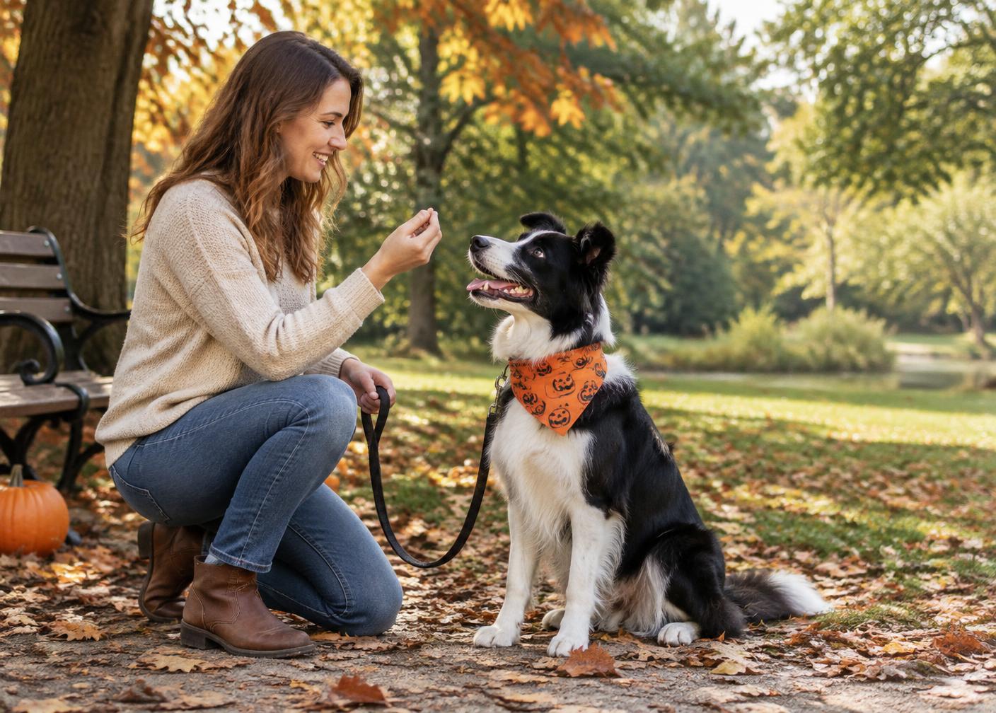 An attentive border collie in a Halloween bandana being rewarded for sitting during a training session in the park